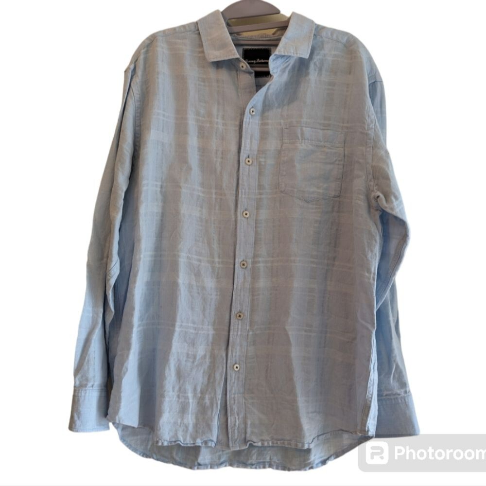 Tommy Bahama Dress Shirt Men L Long Sleeve Blue Button Up Linen Cotton Blend